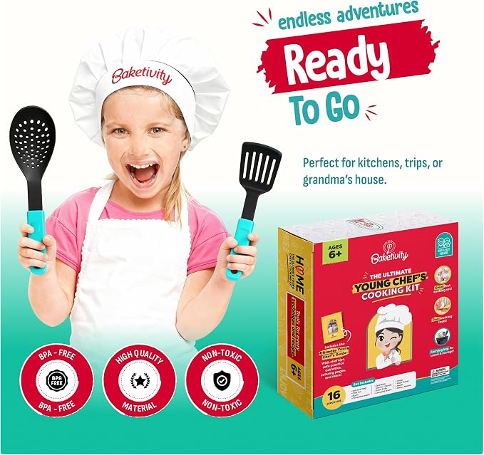 Baketivity Kids Cooking Set Real Utensils With Kitchen Tool Guide - Complete Junior Cooking Set Gift For Girls Or Boys With Mixing Bowls, Cutting Board, Knife, Apron - Kids Baking Set For Real Cooking