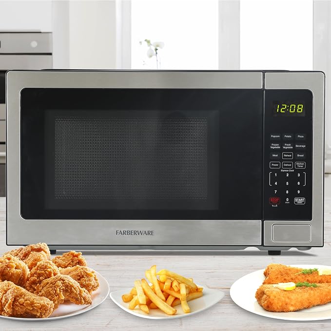 Farberware 1.1 Cu. Ft. Countertop Microwave Oven – 1000 Watts Power, Auto Cook Settings, Defrost, Easy Clean and Child Safety Lock - Stainless