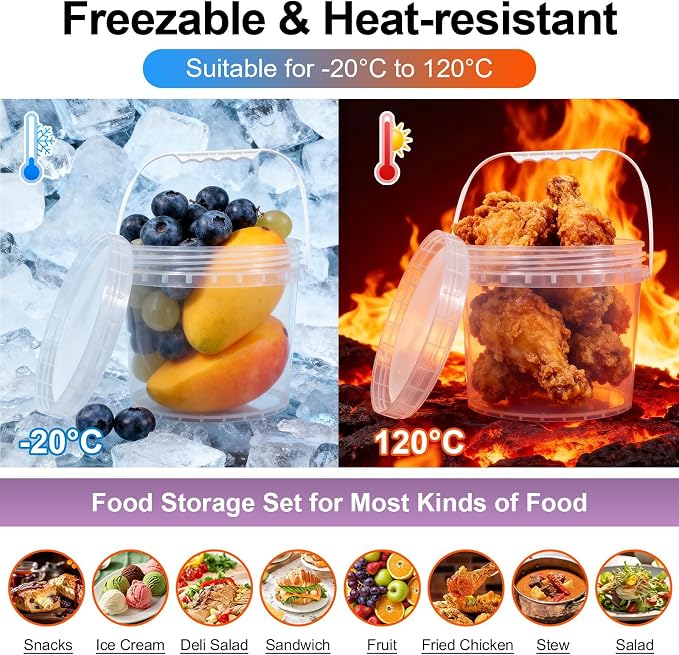 4 Pack 1 Gallon Food Grade Plastic Buckets with Screw Lids & Handle, Reusable Storage Containers for Snacks, Salad, Sauce - Clear Freezer Safe Bucket Set