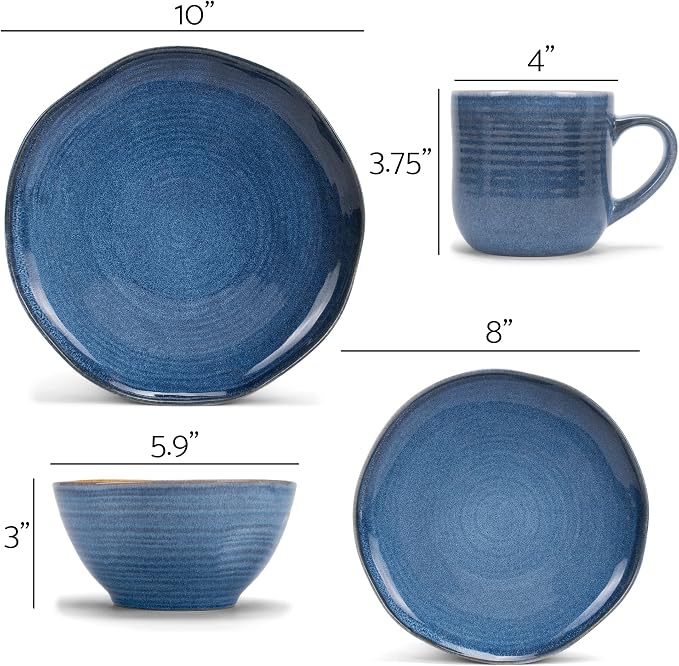 Elanze Designs Reactive Glaze Farmhouse Rustic Boho Ceramic Stoneware Dinnerware 16 Piece Plate Bowl Mug Dish Set - Service for 4, Cobalt Blue