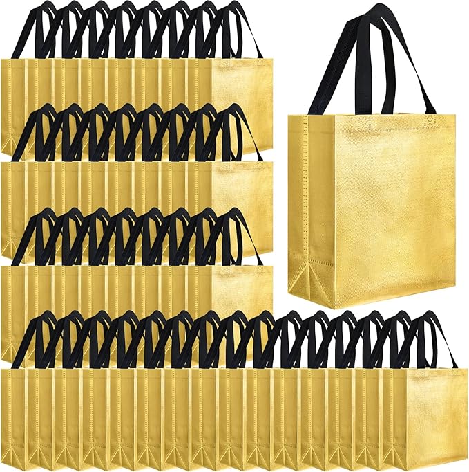 Eccliy Reusable Gift Bags Set Glossy Grocery Gift Tote Bag with Handle for Wedding, Bridal Shower, 4th of July, Summer Event(10 x 8 x 4.7 Inch,Gold with Black Handles,80 Pcs)