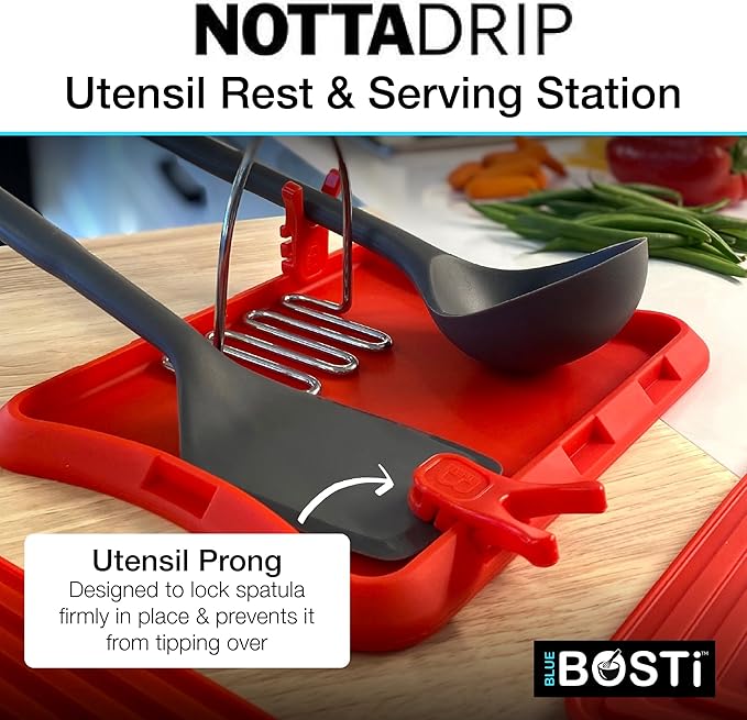 Nottadrip Silicone Spoon Rest for Stove Top - Kitchen Spoon Rest for Countertop, Ladle Holder, All in 1 Serving Station, Elevate Handles, Drip to Tray, Mess Free - 5PC Trivet Set - Red