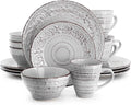 Elama Malibu Calcite 16-Piece Stoneware Embossed Pattern Reactive Glaze Light Gray Dinnerware Set, Tableware, Serveware Set (Calcite Gray)