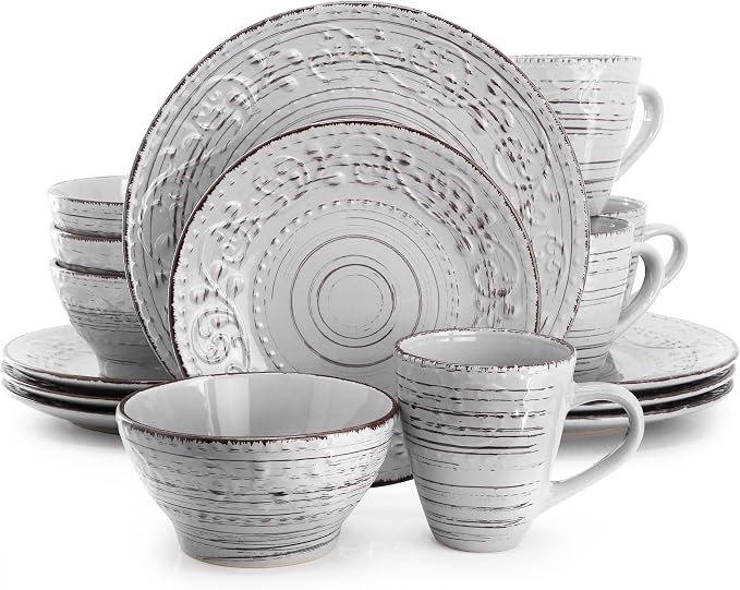 Elama Malibu Calcite 16-Piece Stoneware Embossed Pattern Reactive Glaze Light Gray Dinnerware Set, Tableware, Serveware Set (Calcite Gray)