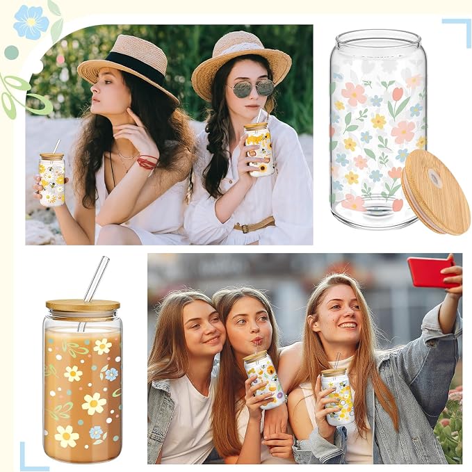 Mumufy 4 Pack Wildflower Glass Cups Gift Aesthetic Cute Glass Cup Tumbler Flower Iced Coffee Mugs 16 oz with Bamboo Lid & Straw, for Wedding Birthday Bridesmaid Mom Baby Shower