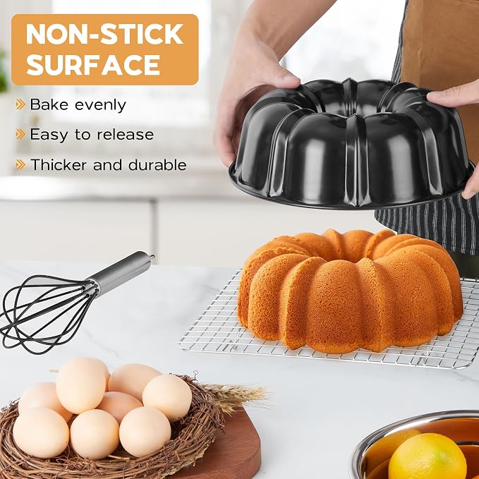 Onader 15 Pcs Silicone Cooking Utensils Set with Holder and Heat Resistant Stainless Steel Handle, with 10 Inch Non-Stick Fluted Tube Pan for Baking Pound Cake, Black