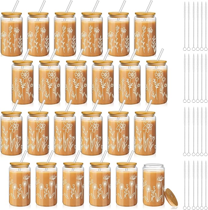 Mumufy 24 Pack Glass Cups Gift Aesthetic Cute Glass Cup Tumbler Flower Iced Coffee Mugs 16 oz with Bamboo Lid & Straw, for Wedding Birthday Bridesmaid Mom Baby Shower