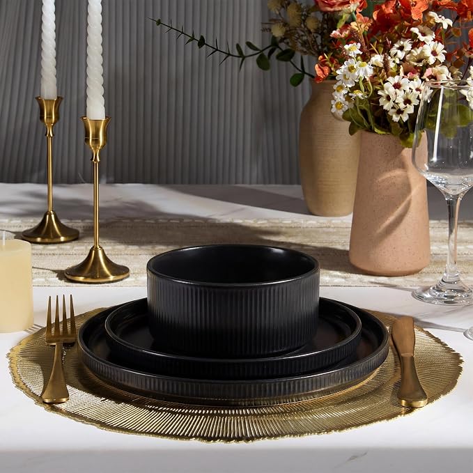 E-far Stoneware Dinnerware Sets for 6, 18-Piece Plates and Bowls Sets, Chip & Scratch Resistant Ribbed Dish Set for Home Restaurant, Microwave & Dishwasher Safe, Matte Black