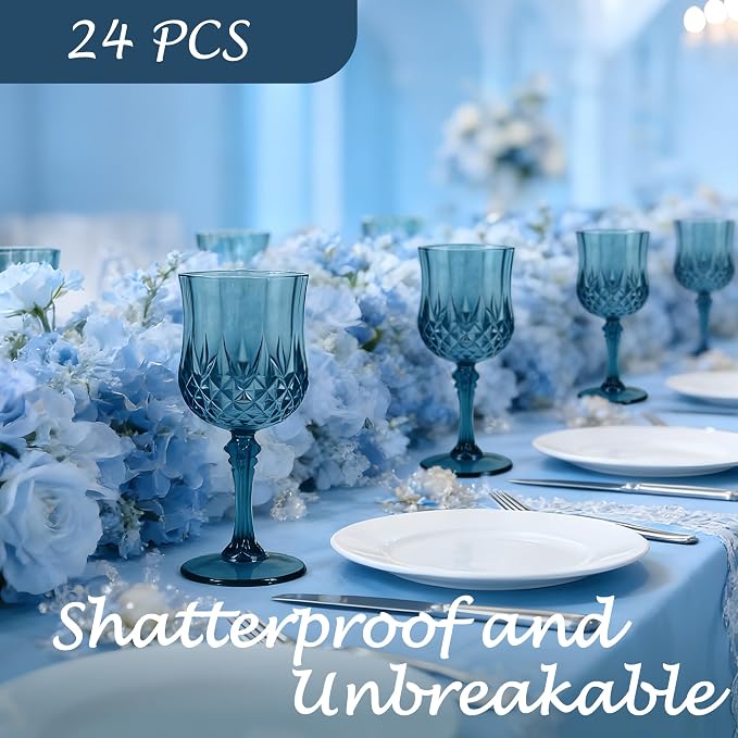Plastic Wine Glasses, Plastic Goblets Vintage Style Cordial Unbreakable Drinking Glasses, Reusable Drinkware for Wedding Reception, Grand Event Party Supplies (24, Navy Blue)