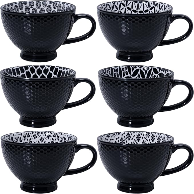 LEHAHA Coffee Mugs Set of 6, 14 Ounces footed Ceramic Mugs, Porcelain Black Coffee cups with handle for men women for Coffee, Tea, Cappuccino, Cocoa, Cereal, Black