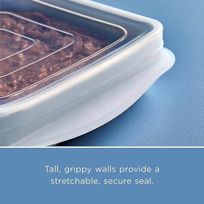 Stasher Reusable Silicone Stretch Lid for Casseroles, Sheet Pans, Baking Dishes–Square Replacement Lid, 8”x8”, Stretchable, Leak-Free, Microwave Safe, Dishwasher Safe, Food Cover, Eco-Friendly, Clear