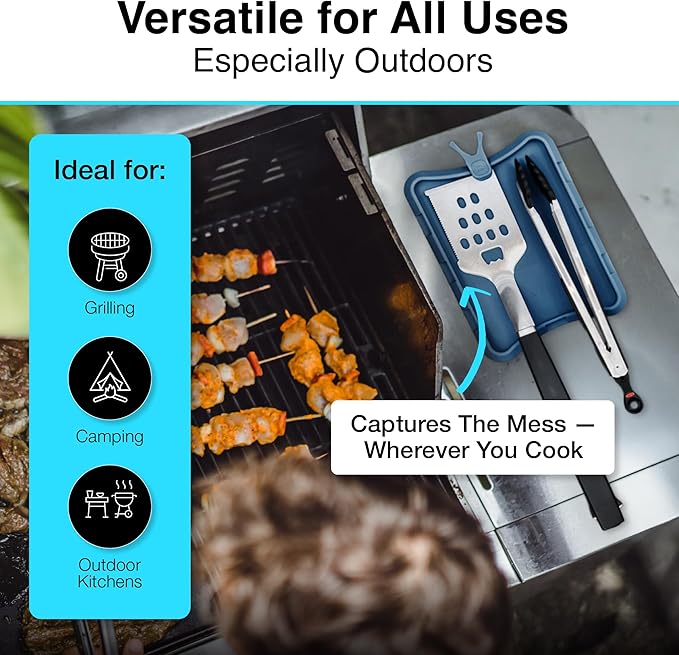 Nottadrip Silicone Spoon Rest for Stove Top - Kitchen Spoon Rest for Countertop, Ladle Holder, All in 1 Serving Station, Elevate Handles, Drip to Tray, Mess Free - 5PC Trivet Set - Blue