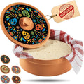 Sugar Skull Tortilla Warmer Day of the Dead - Authentic Terracotta Tortilla Holder with Warmer Cloth, Mexican Día de Muertos Calavera Tortillero, Clay Bread Warmer for Roti Pancake Naan