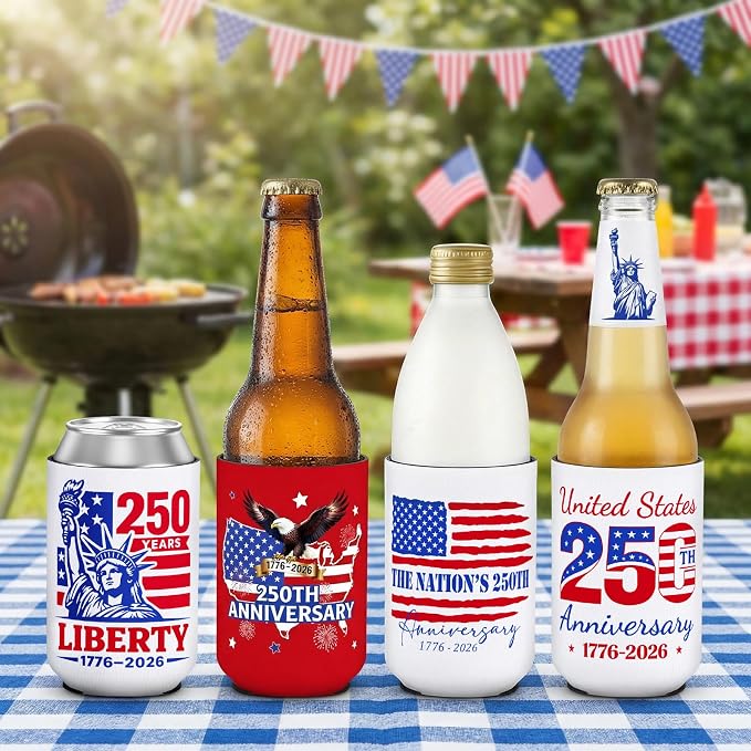 4th of July 250th Anniversary Can Cooler Sleeves 12 Pack American Patriotic Insulated Neoprene Drink Holder for Memorial Day Fourth of July Accessories Party Favors