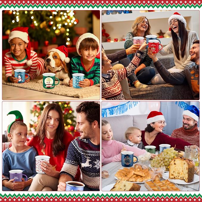 Sliner 16 Pcs Christmas Enamel Mugs, 12 oz Coffee Mugs Bulk Hot Chocolate Mug Set Cute Enamel Tea Cups Winter Holiday Christmas Employee Gift for Family Coworkers (Classic Style)