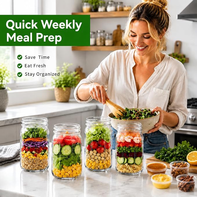 9PCS Salad Meal Prep Containers, 32oz Large Glass Salad Jars with Lids Meal Prep with 4 Forks, Leakproof Salad Container for Lunch with Separate Wet/Dry Dressing Cups for Home, Office and Outdoor