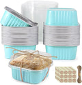 Mini Square Baking Cups with Lids, 50 Pcs 5oz Blue Aluminum Foil Cupcake Tins with Lids, Disposable Ramekins Flan Cake Pans Tins for Souffle, Dessert, Valentine, Wedding, Party Small Cake Containers