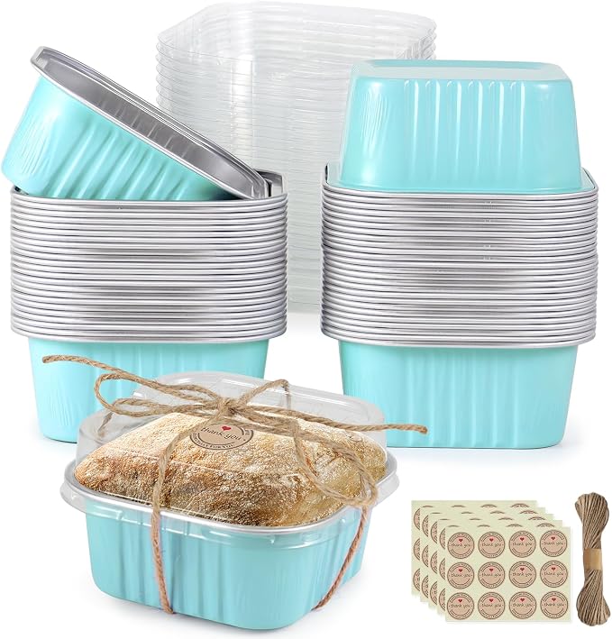 Mini Square Baking Cups with Lids, 50 Pcs 5oz Blue Aluminum Foil Cupcake Tins with Lids, Disposable Ramekins Flan Cake Pans Tins for Souffle, Dessert, Valentine, Wedding, Party Small Cake Containers