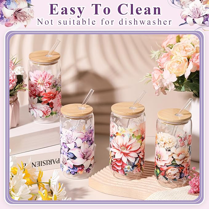 Mumufy 4 Pack Wildflower Glass Cups Gift Aesthetic Cute Glass Cup Tumbler Flower Iced Coffee Mugs 16 oz with Bamboo Lid & Straw, for Wedding Birthday Bridesmaid Mom Baby Shower