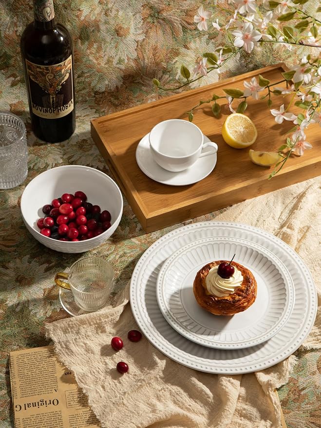 Famiware Garden 18-Piece Embossed Plates and Bowls Sets, Stoneware Reactive Glaze Dishes Dinnerware Set, Modern Rustic, Chip & Scratch Resistant, Microwave & Dishwasher Safe, Service for 6, White