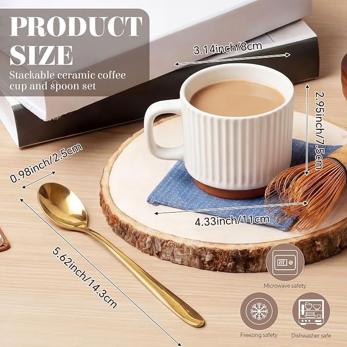 6 Set Ceramic Coffee Mugs with Gold Spoons, 8.8 oz Textured Ribbed Coffee Cups for Latte & Cappuccino, Modern Farmhouse Tea Mugs with Handle, Dishwasher & Microwave Safe(White)