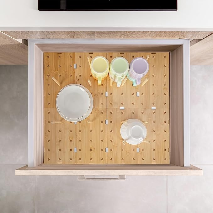 Peg Board Drawer Organizer for Kitchen (24 * 21 inch) | Kitchen Drawer Organizers for Dishes Plates Bowls Condiment Spice | Pegboard Organizer for Cabinet RV Storage