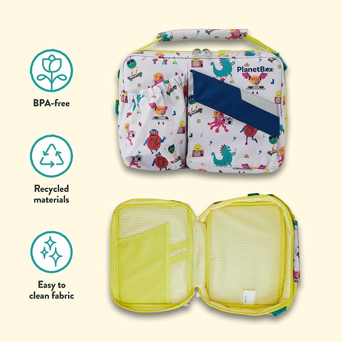 PlanetBox Rover Stainless Steel Bento Box Style Lunch Box Kit for Youth with 5 Compartments – Monster Beats Edition includes Insulated Lunch Bag, Leakproof Food Containers & Matching Magnets