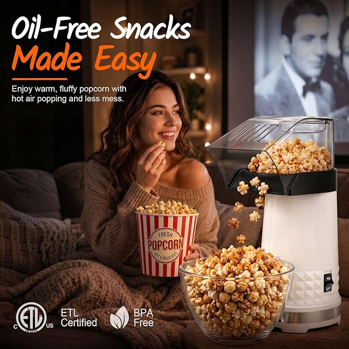 Popcorn Maker, Hot Air Popper for Healthy Oil-Free Snacks, 4.5QT Electric Popcorn Machine with Fast Popping & Easy Clean Design for Movie Nights, Family Fun, Game Night, Dorms, Kids & Home(White)