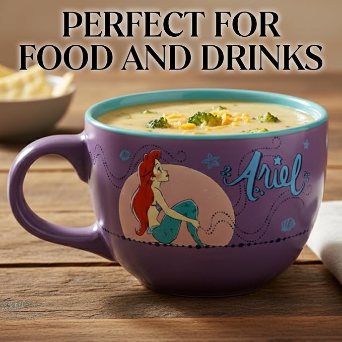 Silver Buffalo Disney Princess Ariel Moonlight Ceramic Soup Mug, 24oz | Little Mermaid artwork, Moonlight ocean design, Large capacity ceramic mug, Ideal for soups & noodles, BPA-free construction