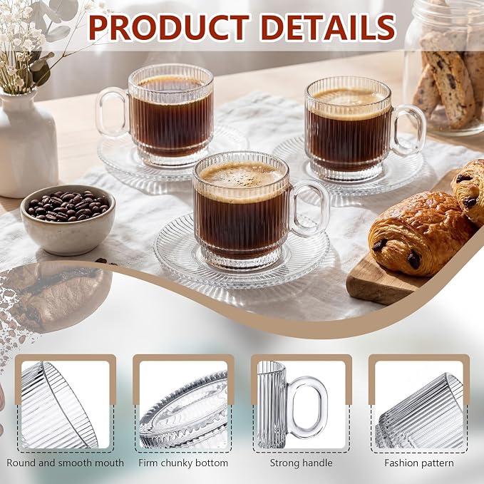 6 Sets of Glass Tea Cups with Saucers Vintage Coffee Mugs 5.6 oz Clear Espresso Cup with Handle Embossed Glassware for Hot Cold Beverages Americano Cappuccino Latte Tea