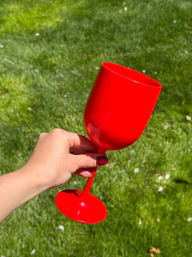 FOX & GRAPES Plastic Stemmed Wine Glasses | Unbreakable/Shatterproof, Reusable, Food Safe, Dishwasher Safe, For Birthday and Party, 16oz (Red, Set of 6)