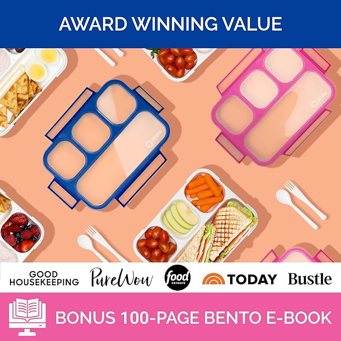 kinsho Bento Lunch Box for Kids Adults, 4 Sealed Divided Compartments, Portion Control Meal or Snack Containers for Boys Girls Women Men, School Work BPA Free with Utensils, Blue + Rose Pink 2 Pack