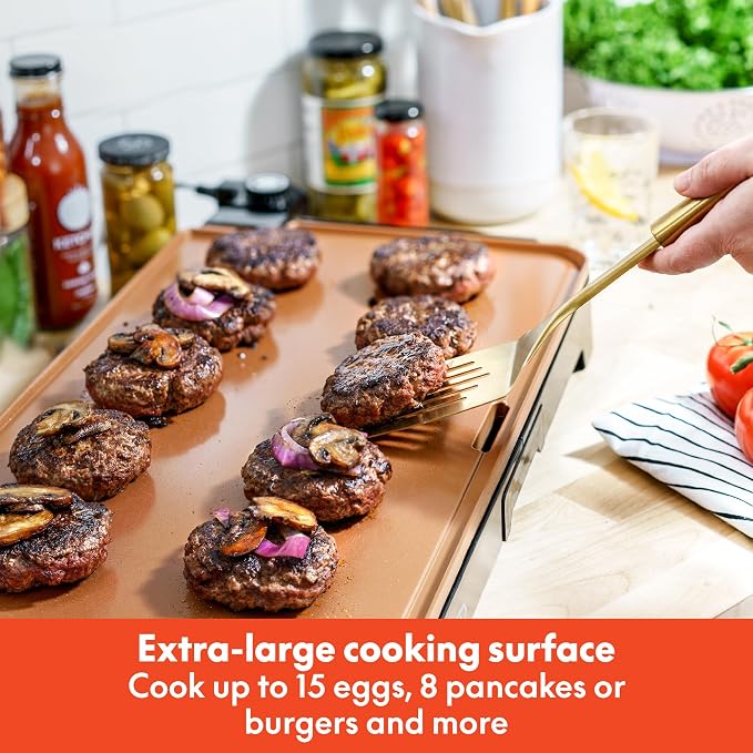 bella XL Electric Ceramic Titanium Griddle, Make 15 Eggs At Once, Healthy-Eco Non-stick Coating, Hassle-Free Clean Up, Large Submersible Cooking Surface, 12" x 22", Copper/Black