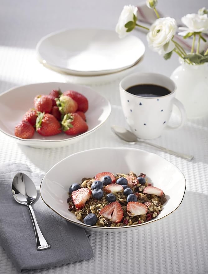 Lenox Dinnerware Set, Blue Bay White Pasta Bowls, Set of 4, Service For 4, Dishwasher and Microwave Safe, Made of Porcelain, 24 Ounce Capacity, Salad Bowl, Pasta Bowl, Gold Branding (White, 4 Pieces)