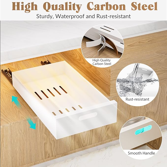 HBL' 2 Pack | 21" Deep Pull Out Cabinet Organizer Adhesive, 10-Inch Wide Sturdy Carbon Steel Roll-Out Drawers, Designed for Frameless Cabinets, Slide-Out Shelves for Pantry.