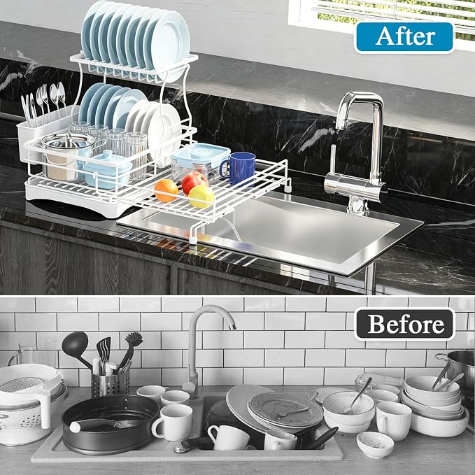 2 Tier Dish Drying Rack, Large Extendable Dish Racks for Kitchen Counter , Dishrack with Drainboard, 2-in-1 Anti-Rust Stainless Steel Dish Drainer with Utensil Holder (White, double of Dish Rack)