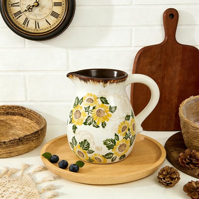 Ceramic Utensil Holder for Kitchen Counter, 6.1 Inch Modern Farmhouse Rustic Cooking Utensil Holder for Countertop Home Decor, Vintage Utensil Organizer Crock for Cooking & Spoon Tools (Sunflower)