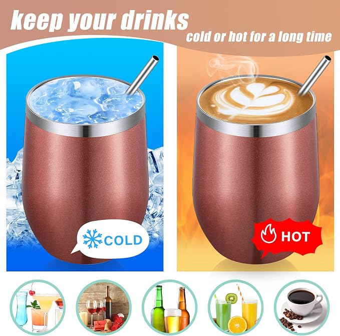 Remagr 16 Pack Stainless Steel Wine Tumblers 12 oz Insulated Vacuum Wine Cup Set Double Wall Stainless Steel Stemless Mug Glasses for Coffee Soda Whiskey Outdoor Travel (Rose Gold)