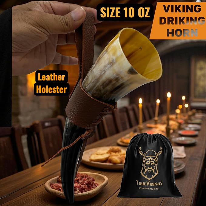 Drinking Horn — 10-12 Inch Viking Gifts for Men & Women | With Thor Bottle Opener & Stand | Handmade & Real Ox Horns | Norse Viking Cup Perfect For Beer, Ale, Mead (12 Oz) (Natural Polished)