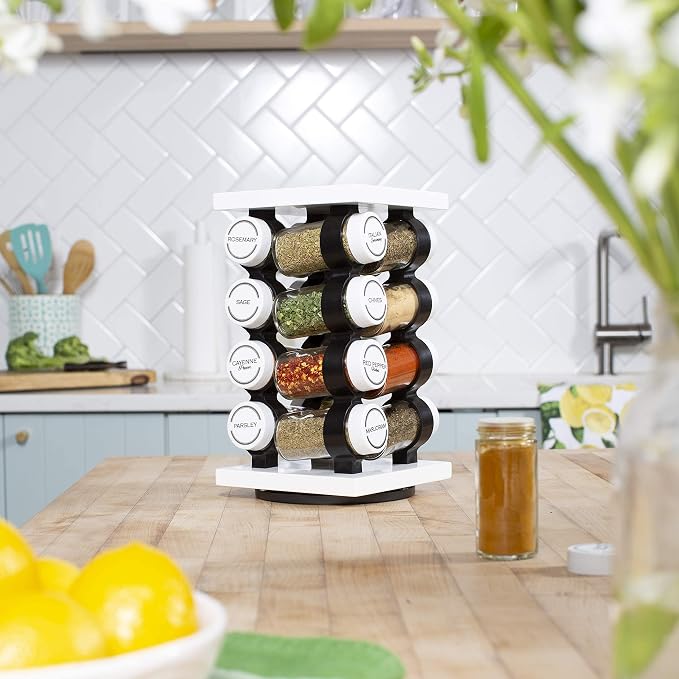 Orii 16 Jar Rotating White Spice Rack | Spices Included, 5-Year Spice Refill Program, Compact Countertop, Glass Jars