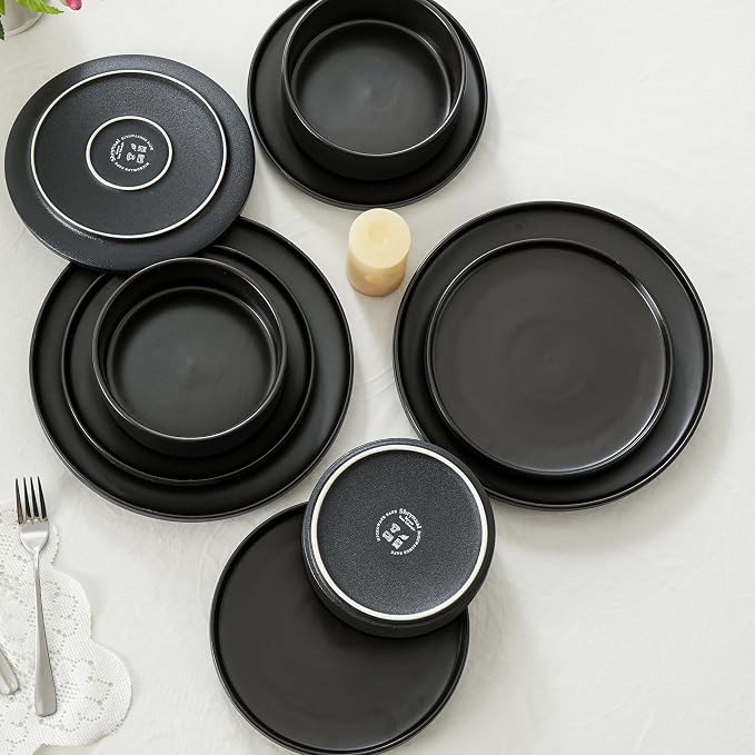 12 Piece Ceramic Plates and Bowls Sets for 4, Modern Black | Stoneware Dinnerware Set, Dishwasher & Microwave Safe, Handcrafted, Perfect for Family and Gatherings