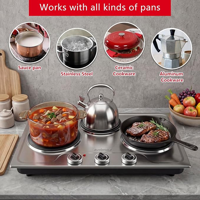 CUSIMAX Electric Hot Plate for Cooking,1800W Triple Burner Portable Electric Stove with Independent Temperature Control,Electric Burners for All Cookware,Tabletop or Built-in,Stainless Steel