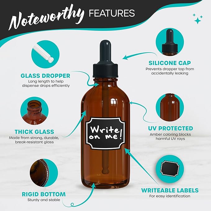 Nevlers 4 Oz Amber Glass Dropper Bottle 48 Pack | Set of Glass Tincture Bottles with Dropper, Funnel, Brush, Marker, Labels & Shrink Wrap | Amber Bottles with Eye Droppers for Liquids & Essential Oil
