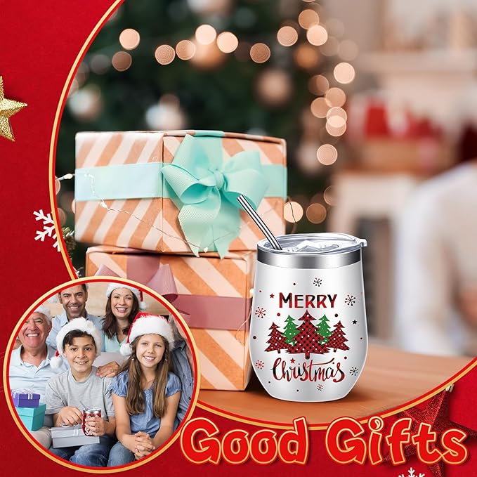Ziliny 6 Pieces Christmas Wine Tumbler 12 oz Xmas Insulated Stainless Steel Wine Cups with Lid and Straw Funny Coffee Mugs with Brush for Holiday Wedding Party Gifts(Plaid Style)