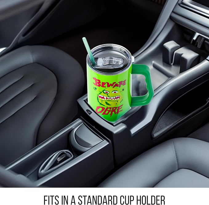 Silver Buffalo Shrek “Beware Ogre” Stainless Steel Tumbler with Handle, Fits in Standard Cup Holder, 40 Ounces
