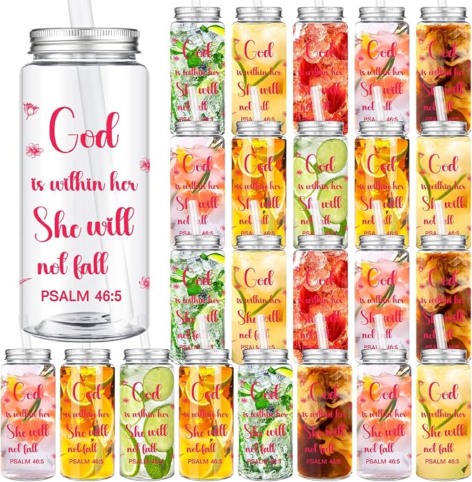 Skylety 24 Pcs Christian Cups for Women Bulk God Is Within Her She Will Not Fall 14 oz Plastic Tumbler with Lid and Straw Religious Bible Verse Gift for Church Mom Women