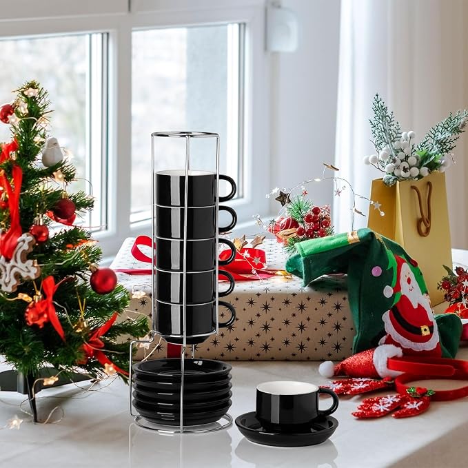 Sweejar Ceramic Espresso Cups Set of 6, Espresso Cup Stackable, 4 Oz Stackable Cappuccino Cups with Saucers and Metal Stand for Coffee Drinks, Americano, Latte, Tea (Black)