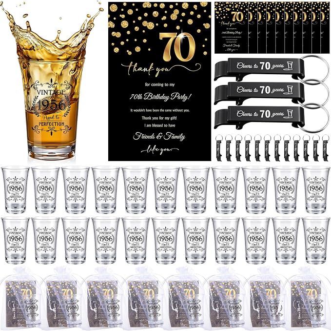LemonRoad 100 Set 70th Birthday Party Favor for Guest Bulk, 1.4oz Plastic Shot Glasses Cup, Cheers to 40/50/60/70/80 Years Beer Bottle Opener Keychain Thank You Card Gift Bag for Souvenir Party Gift