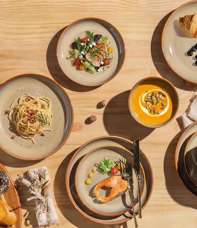 TheTerra Stoneware Dinnerware Sets for 4, 12 Pieces Ceramic Plates and Bowls Sets, Scratch Resistant Dish Set, Oven, Microwave & Dishwasher Safe, Creamy Amber