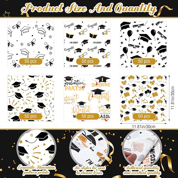 Reallnaive 300 Pcs Graduation Wax Paper Sheets 12 x 12 Inch Black and Gold Parchment Deli Tissue Paper Sandwich Wrapping Sheets Food Basket Liners for Kitchen Restaurant Baking Supplies, 6 Styles